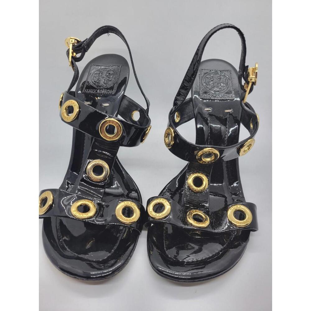 Tory Burch Women’s Sandals 9M Patent Leather Gold Rivet Wedge Heels